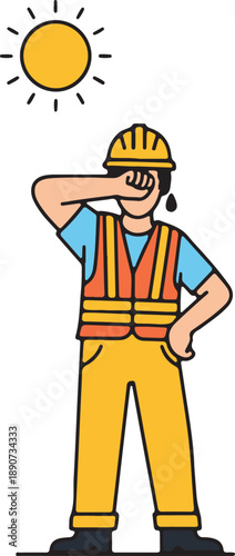 Construction Worker with Heat Exhaustion Flat Vector for Summer Safety, represents heat exhaustion, summer workplace hazards, and the importance of hydration and sun protection in the building.