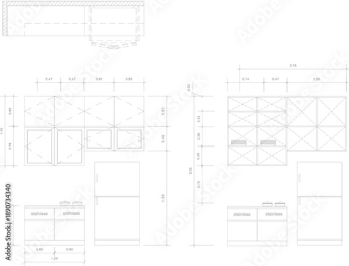 Small Residential Pantry Layout with Refrigerator and Storage Cabinet Placement – Interior Design Detail