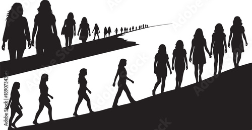 Silhouettes of people walking on different levels together