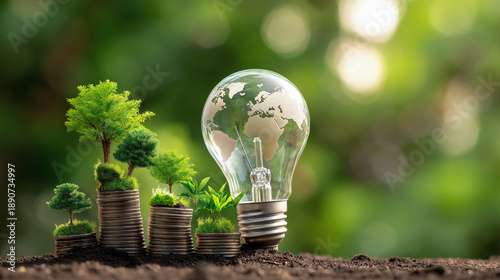 Green Business and Sustainable Finance Investment Concept with Tree on Silver Coins, Light Bulb World Map and Carbon Credit