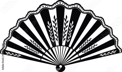 Elegant Handheld Folding Fan Vector Illustration with Intricate Leaf Patterns and Decorative Scalloped Edges for Traditional Spanish Flamenco Dance Performance