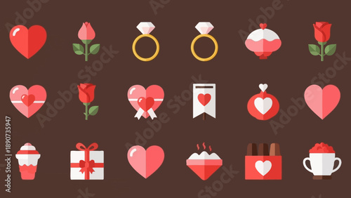 Valentine's Day Icons: Hearts, Roses, Rings, Gifts, Chocolate, Cupcakes