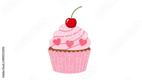 Pink Cupcake with Cherry and Hearts, Sweet Dessert Treat, Valentine's Day