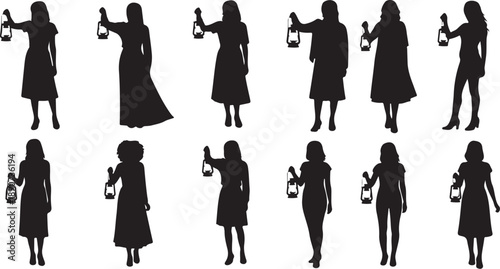 Silhouette of women holding lanterns in various poses and dresses