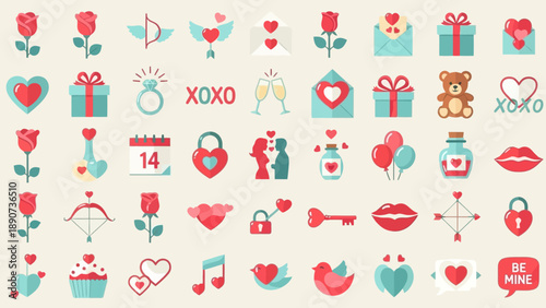 Valentine's Day Icons Set: Love, Romance, Gifts, Hearts, Roses, Teddy Bears
