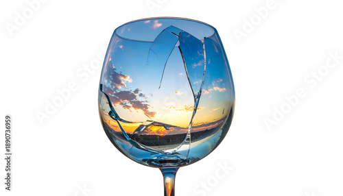 Broken Wine Glass with Sunset Reflection.