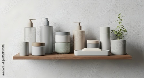 Modern bathroom accessories on wooden shelf