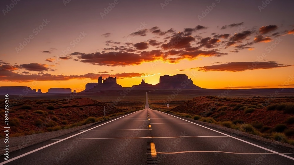 Obraz premium Road to horizon dramatic sunset over desert landscape and mountains