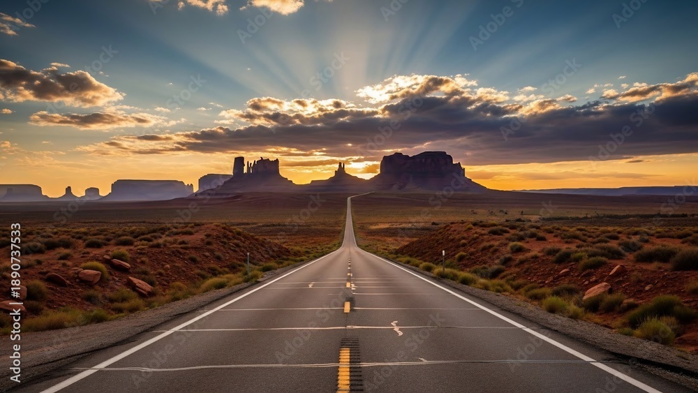 Fototapeta premium Road leading to the horizon with mountains under a cloudy sunset sky