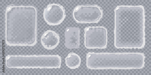 Collection of transparent glass or plastic frames and bubbles on transparent background