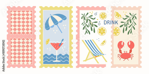 A collection of vintage style summer themed postage stamps with various illustrations