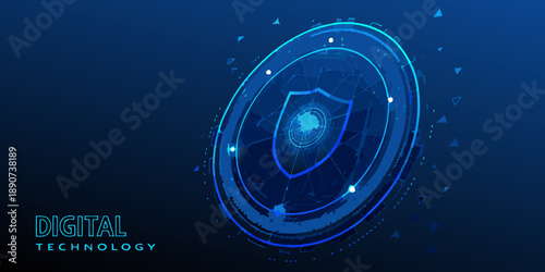Abstract digital security shield with glowing rings and network connections