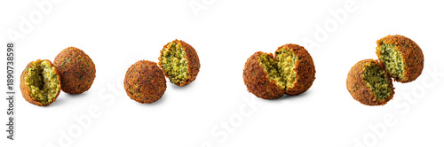 Collection of crispy falafel ball breaking open to reveal its soft, fluffy interior. full length isolate on transparent background