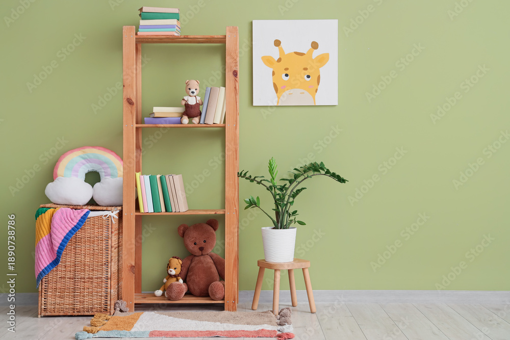 Obraz premium Interior of children's room with bookshelf, basket and toys
