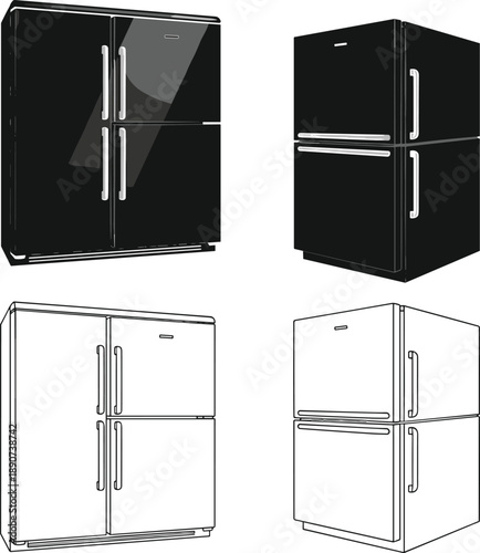Set of modern refrigerator icons featuring black and white line art illustrations of side by side and bottom freezer fridge models.
