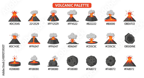 Volcanic palette collection showcasing a range of eruptions and lava formations with hexadecimal