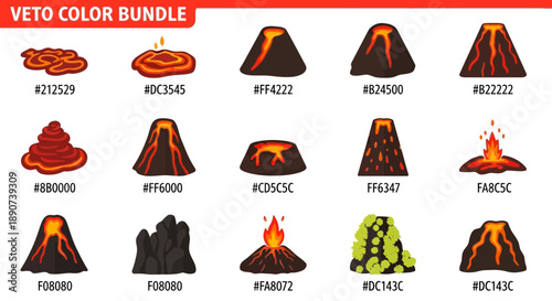 Volcano color bundle with different styles eruptions and lava flows with associated color codes