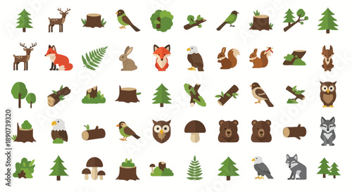 Vector illustration set featuring a diverse collection of forest animals and plants