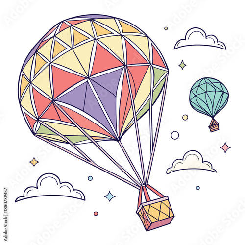 Rainbow holographic inflated polygon cluster with an iridescent 3D finish and magical geometric vector design style