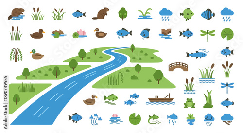 Flat Illustration of River Ecosystem with Aquatic Wildlife and Flora Featuring Beaver, Ducks,