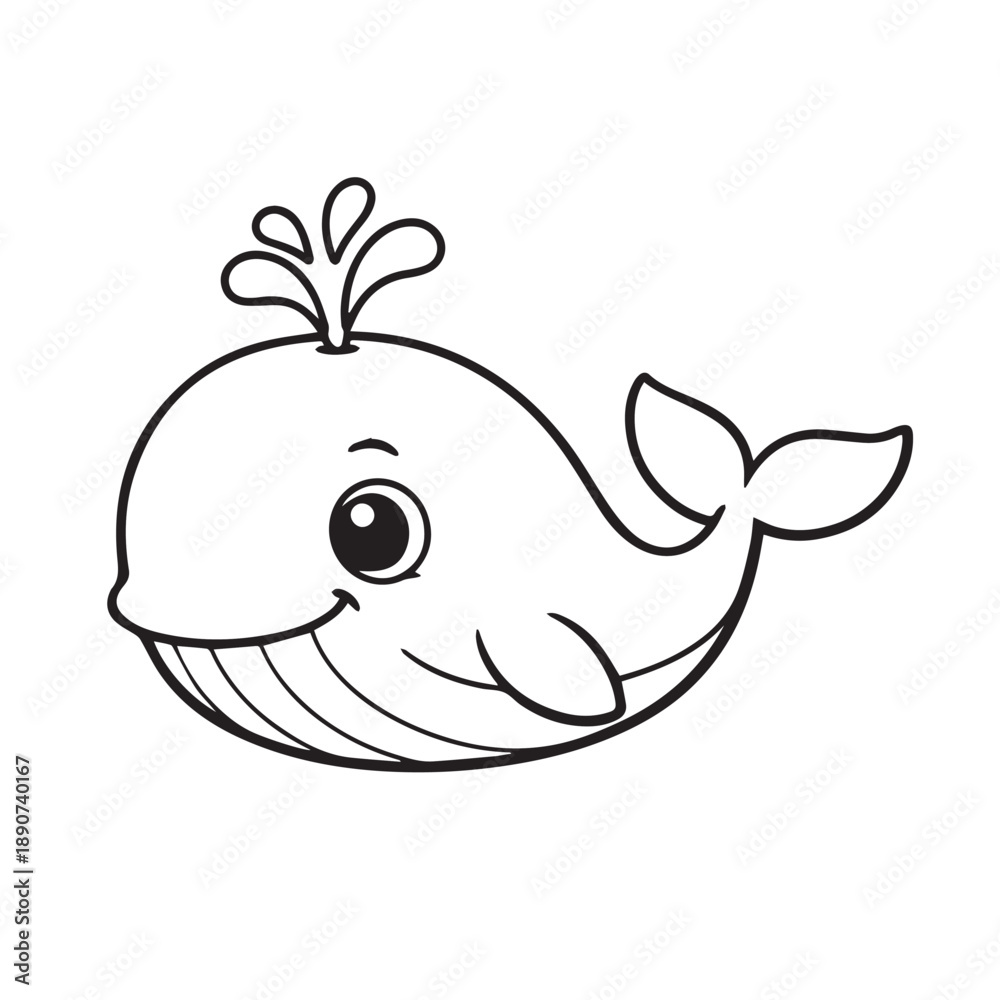 Obraz premium Cute vector cartoon illustration of a happy baby whale, drawn with rounded shapes, soft lines, and a big smile to create a joyful, friendly character full of ocean charm.