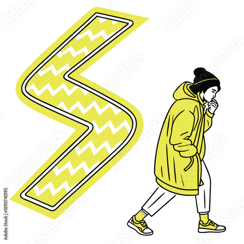 Glossy 3D neon yellow puffy zigzag shape with a vibrant tactile shine and modern energetic geometric vector design