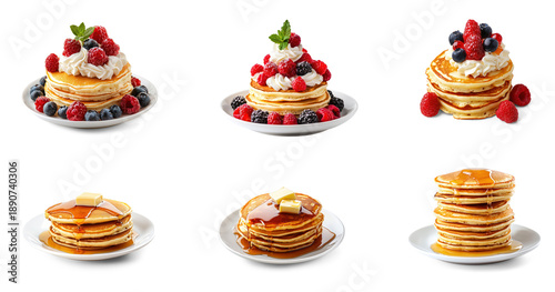 Collection of pancakes topped with fresh berries and whipped cream. full length isolate on transparent background