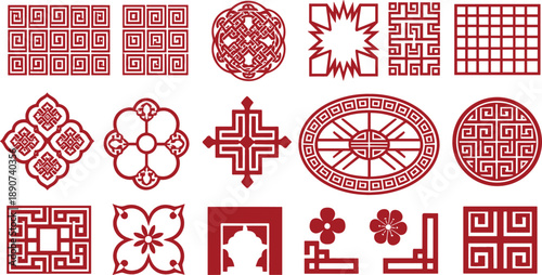 Traditional Asian geometric ornament vector set with red decorative symbols patterns frames and cultural motifs