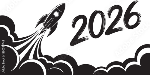 Black and white of a rocket launching into clouds with 2026