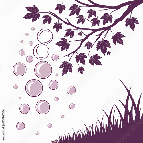 Cascading swarm of plum purple 3D orbs falling downward with a smooth gradient and elegant movement in a vector style