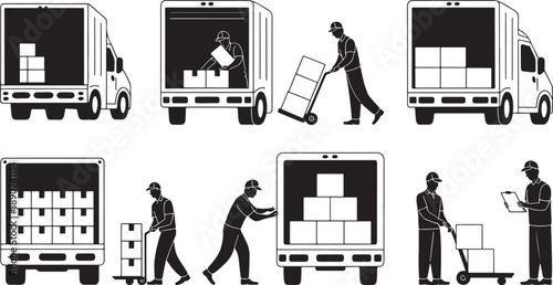 Black and white of people loading moving trucks with boxes