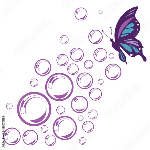 Vibrant purple to blue gradient bubbles overlapping in a cascading 3D vector design with a neon color flow and modern aesthetic