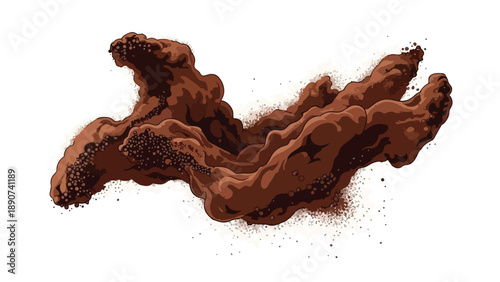Swirling rich chocolate brown liquid splash or coffee wave illustration, dynamic organic flow with granular texture, isolated on white, digital art