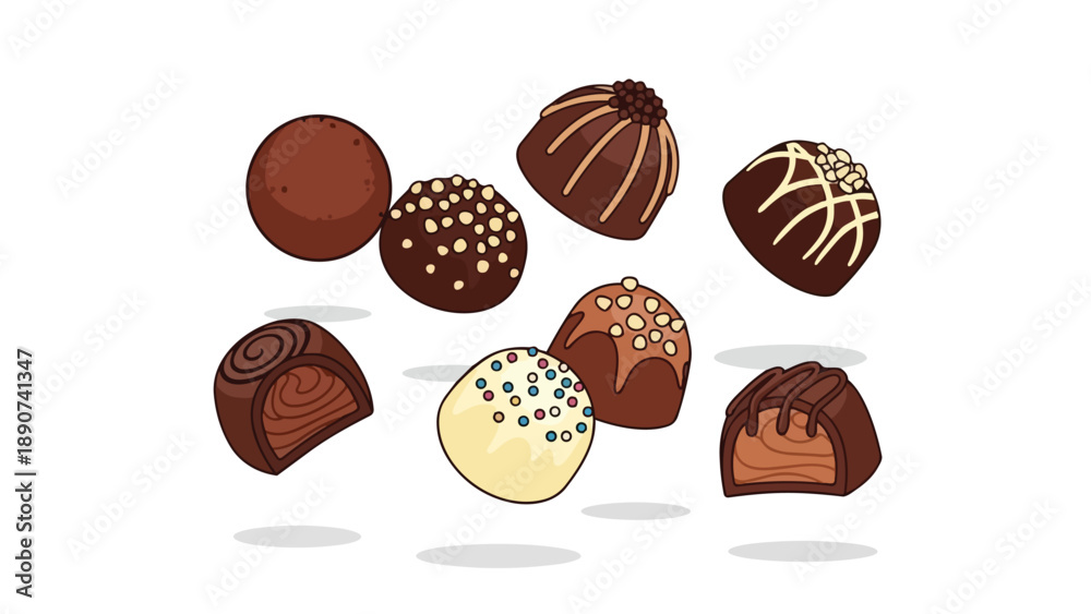 Fototapeta premium A delightful artistic portrayal of assorted gourmet chocolate confections and truffles, showcasing unique shapes, rich toppings, and delicious