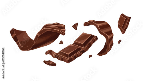 Dynamic chocolate explosion with flying delicious cocoa fragments and swirling confectionery elements against a clean backdrop