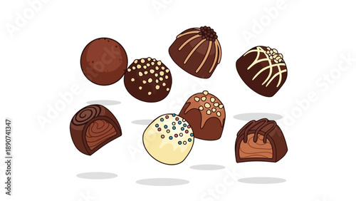 A delightful artistic portrayal of assorted gourmet chocolate confections and truffles, showcasing unique shapes, rich toppings, and delicious