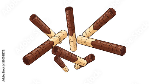 Appetizing chocolate-coated crispy wafer rolls artfully arranged on a clean white background, showcasing a delightful confectionery illustration for