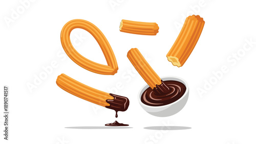 A captivating vector graphic displaying golden-brown, textured churros, some artfully immersed in a luxurious bowl of dark chocolate sauce,