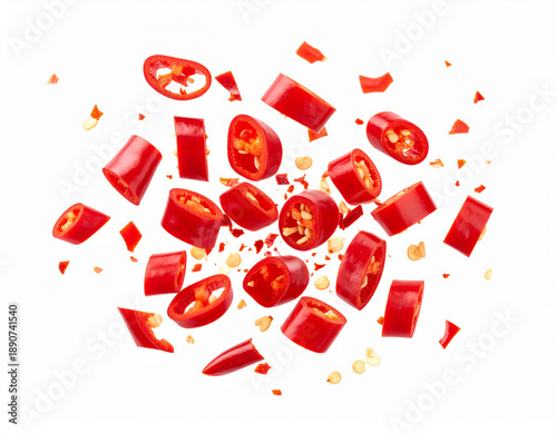 Vibrant chopped red chili peppers and seeds falling against a clean white background.