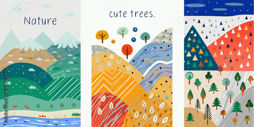 Colorful illustrated nature scenes with mountains trees and whimsical details