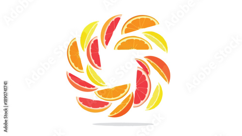 Colorful citrus fruit slices: oranges, lemons, grapefruits, dynamically arranged in an abstract, fresh design on white, conveying zest, health, and