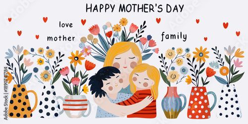 A heartwarming illustration depicting a mother and child in a loving embrace