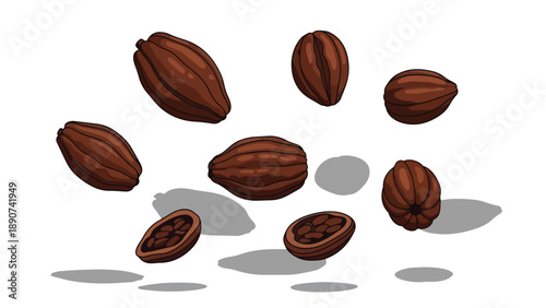 Dynamic illustration of cocoa pods and beans floating, showcasing the essential elements for chocolate creation with detailed brown husks and seeds