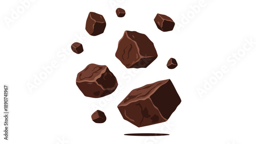 Dynamic assortment of floating brown chocolate pieces against a clean white backdrop, perfect for sweet dessert designs