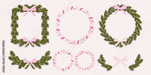 Festive arrangements of evergreen branches candy canes and pink bows