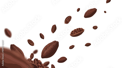 Dynamic illustration of cocoa beans and broken pods cascading from the bottom left, creating a vibrant, energetic visual flow on a pristine white
