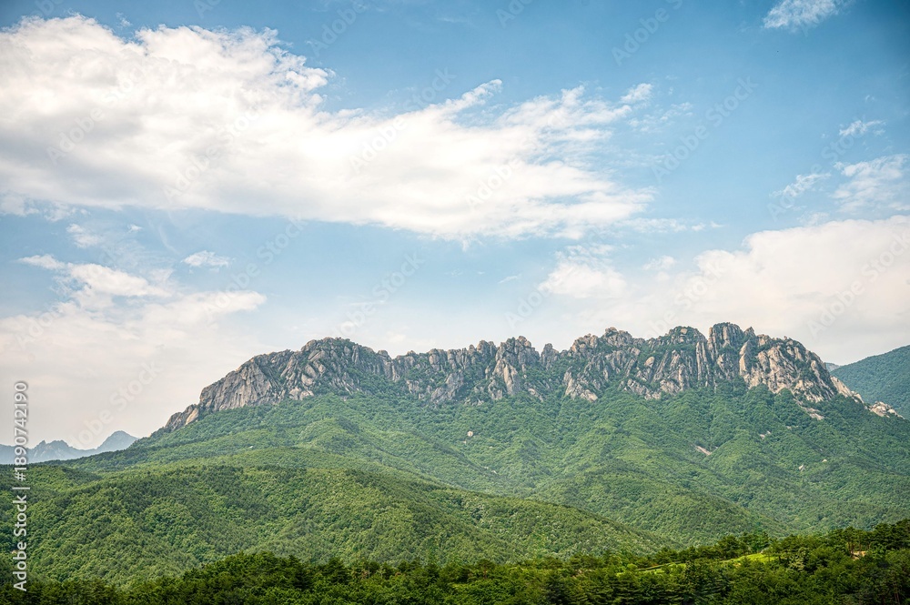Obraz premium View of Ulsanbawi Mountain in summer Ulsanbawi is a six-peaked rock formation located in Seoraksan National Park in Sokcho City, Gangwon Province, South Korea.