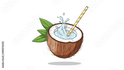 Vibrant Tropical Coconut Drink with Splash and Straw Refreshing Summer Beverage Illustration