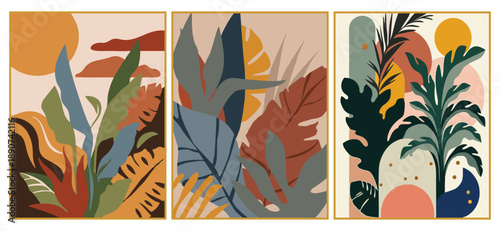 Set of three abstract tropical botanical posters. Modern boho illustrations of palm leaves, monstera, and bird of paradise plants in earthy terracotta, teal, and mustard yellow tones. Vector.