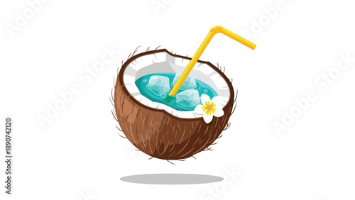 Refreshing tropical coconut drink illustration with vibrant blue liquid, ice cubes, a bright yellow straw, and a beautiful white blossom for summer